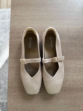 VIVAIA Women's Beige Mary Jane Knit Flats with Buckle Strap